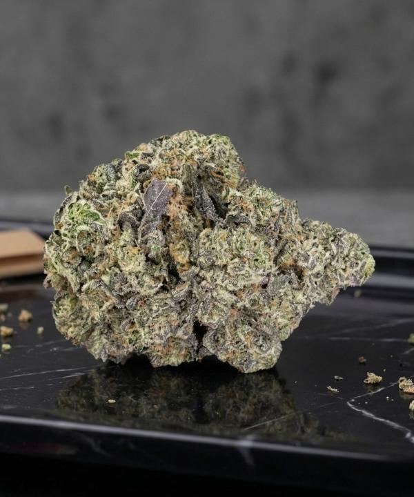 Close-up of a large frosty Sherbert THCA bud with purple and green hues on a marble rolling tray.