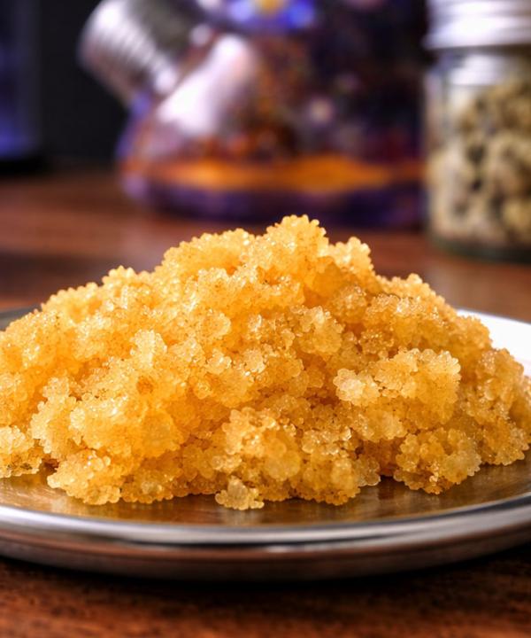 Space Junky THCA crumble on silver dish with golden texture and earthy woody terpene profile