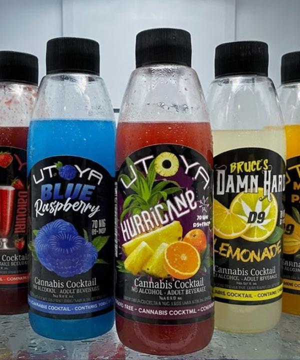 Utoya Cannabis Cocktail assorted bottles in a refrigerator.